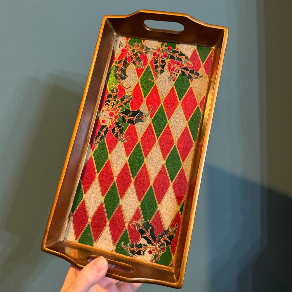 Robert M. Weiss Hand Painted Reverse Glass Serving Tray Holly & Harlequin Peru
